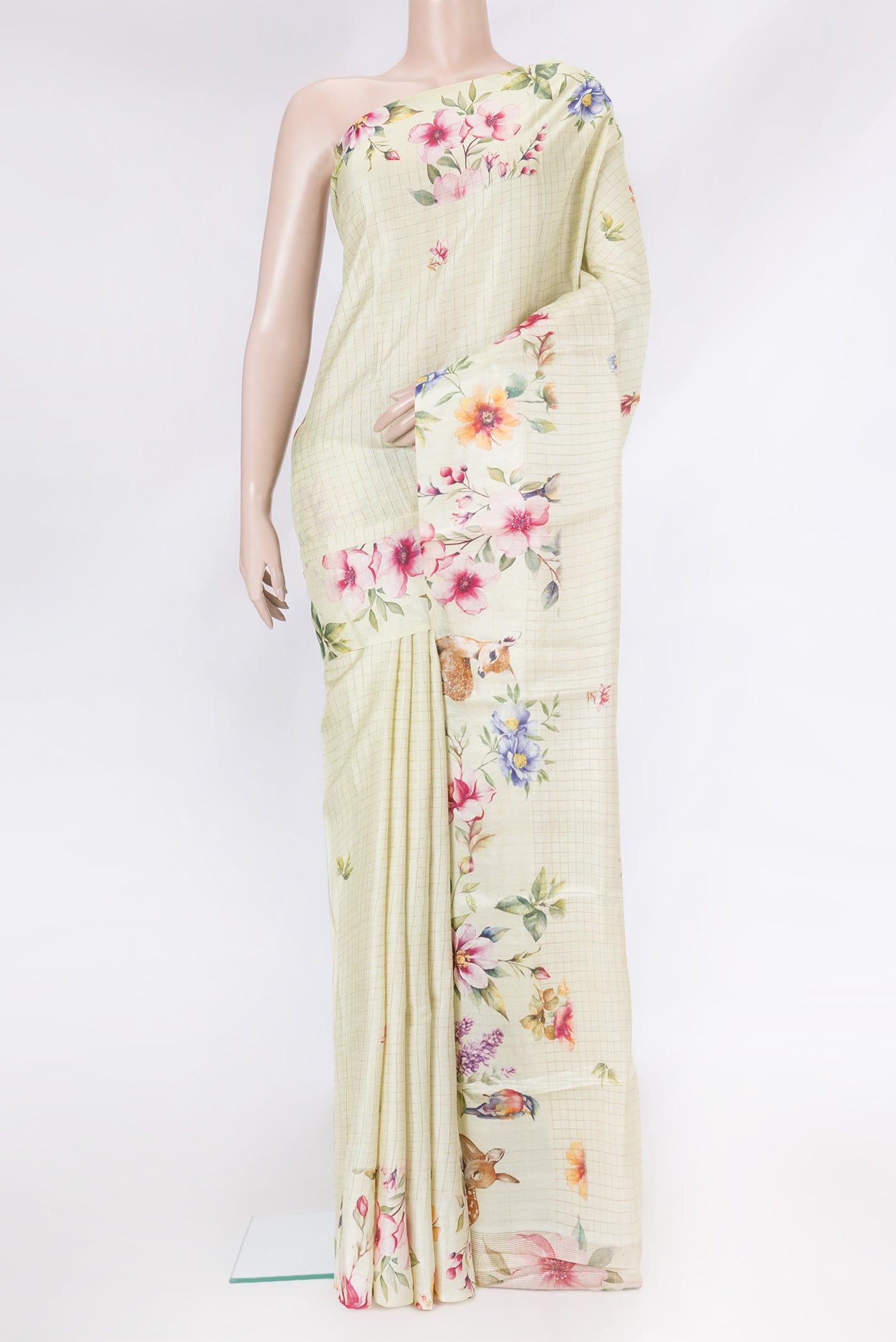 Beige Dual Tone Tussar Silk Saree with Checked design on the body and Fancy Border.  displayed on a mannequin