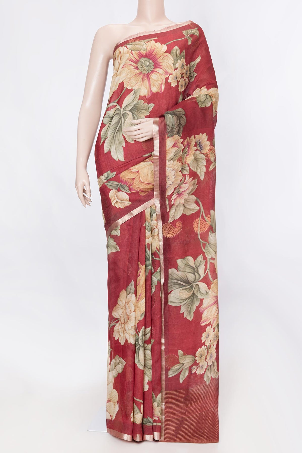 Red Dual Tone Tussar Silk SareePrinted design on the body and Zari Border displayed on a mannequin