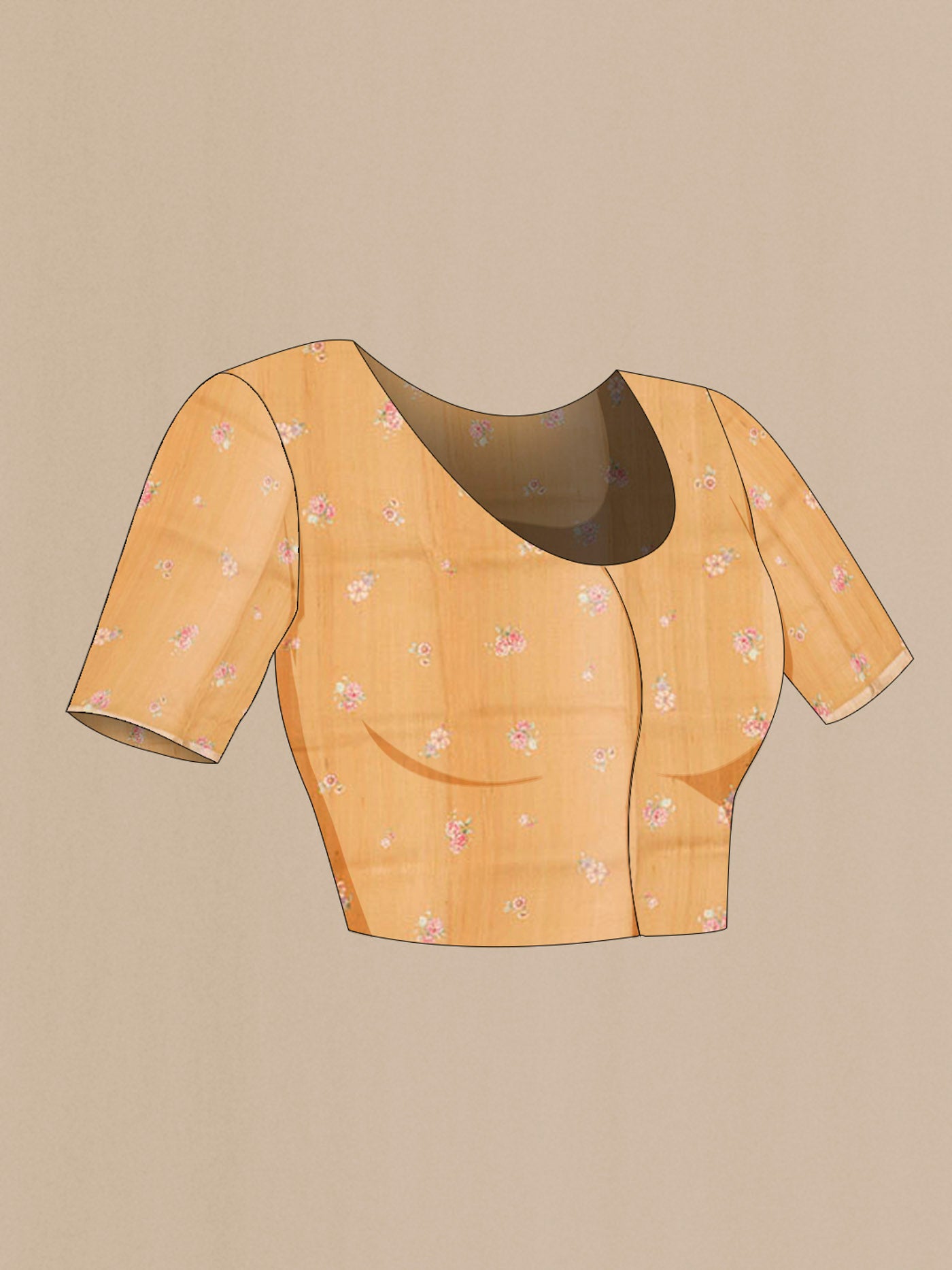 Close up image of the blouse of Yellow Bhagalpuri Tussar Silk Saree with Printed design on the body and Zari Border