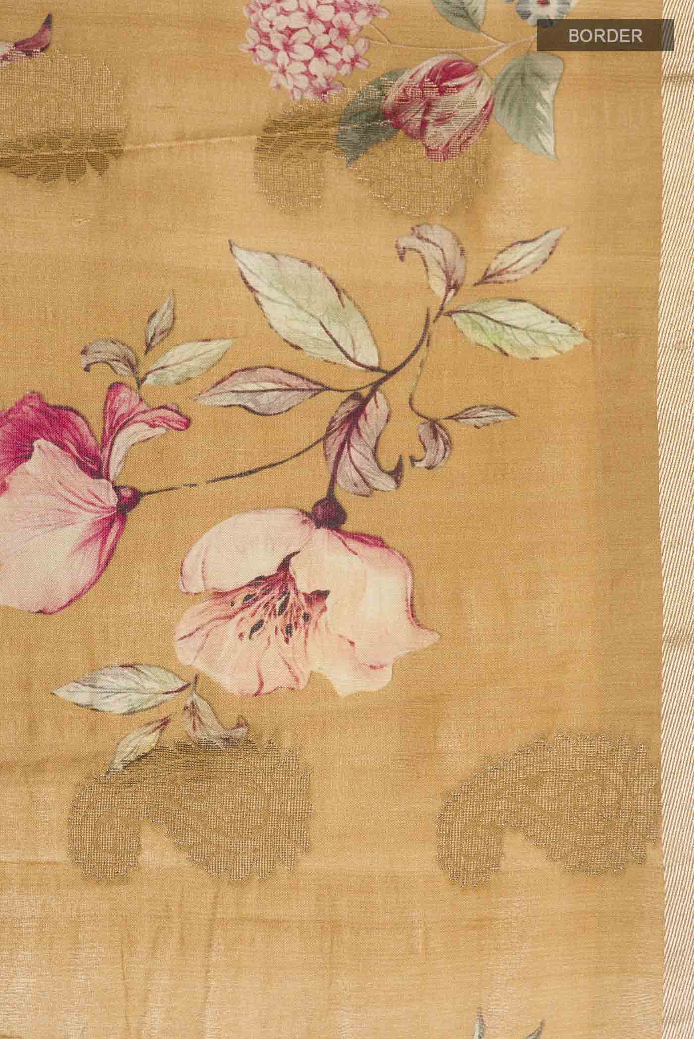 Border image of Yellow Bhagalpuri Tussar Silk Saree with Printed design on the body and Zari Border