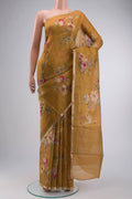 Yellow Bhagalpuri Tussar Silk Saree with Printed design on the body and Zari Border displayed on a mannequin