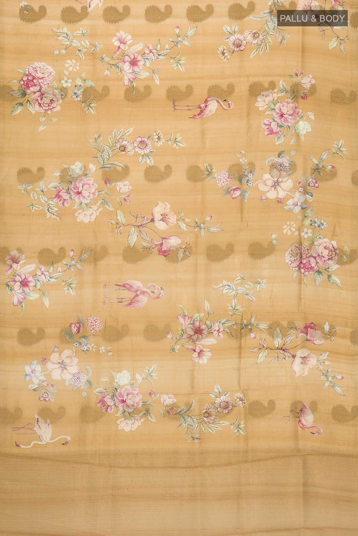 Flat view of Yellow Bhagalpuri Tussar Silk Saree with Printed design on the body and Zari Border