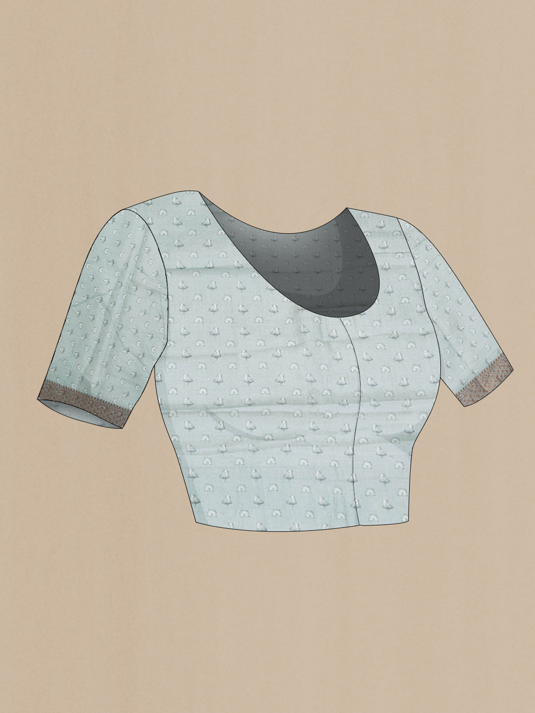 Close up image of the blouse of Grey Dual Tone Tussar Saree with Zari Butta on the body and Zari Border