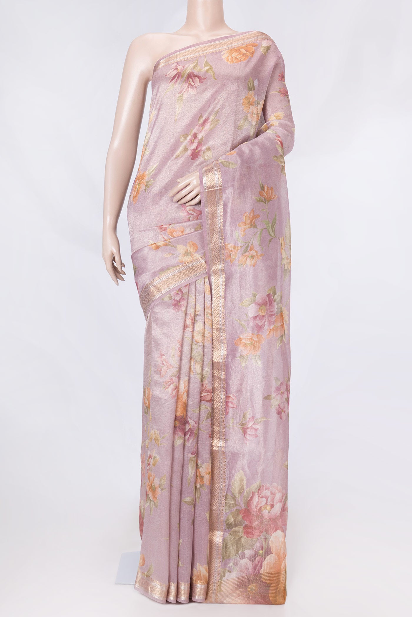 Pink Dual Tone Organza Silk Saree with Printed design on the body and Zari Border displayed on a mannequin