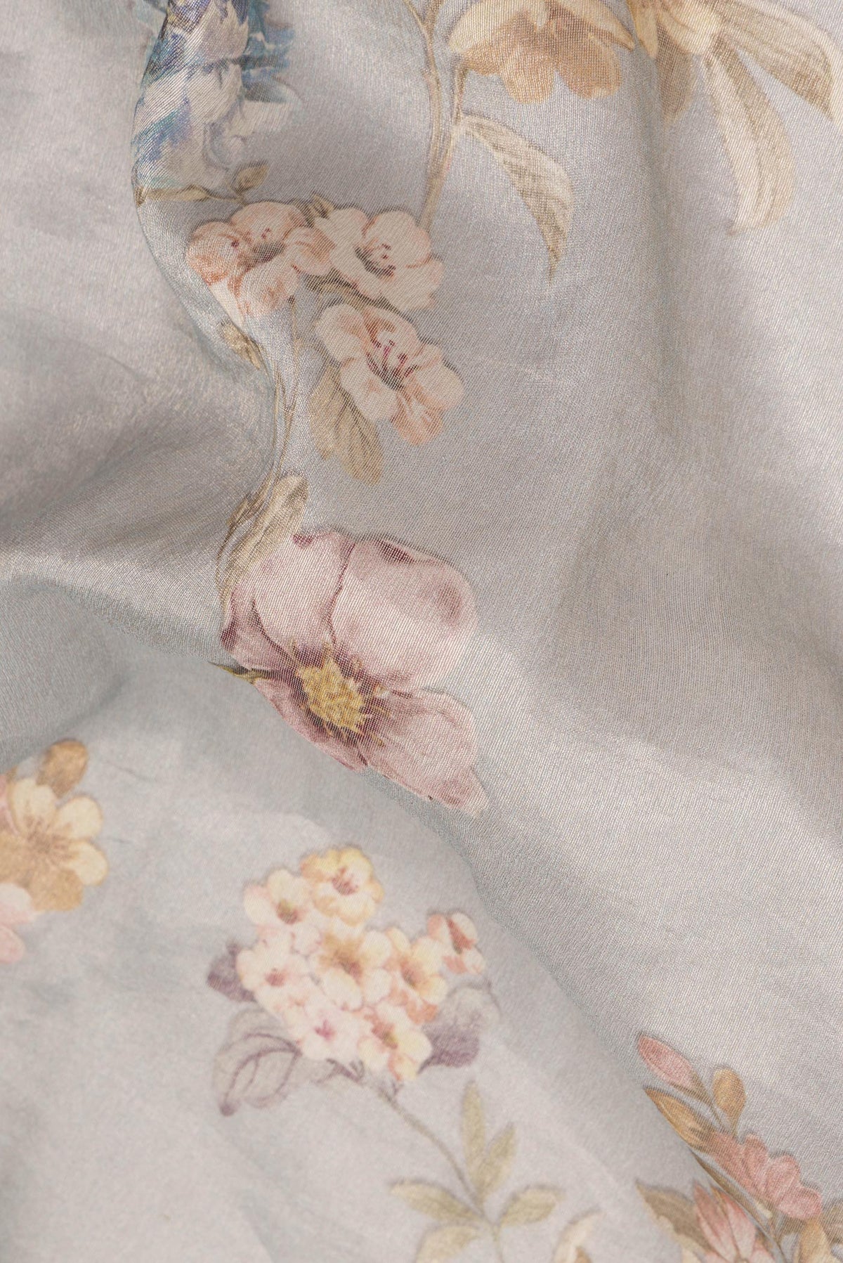 Close up of Grey Organza Saree with Floral Print on the body and Zari Border.  displaying folds