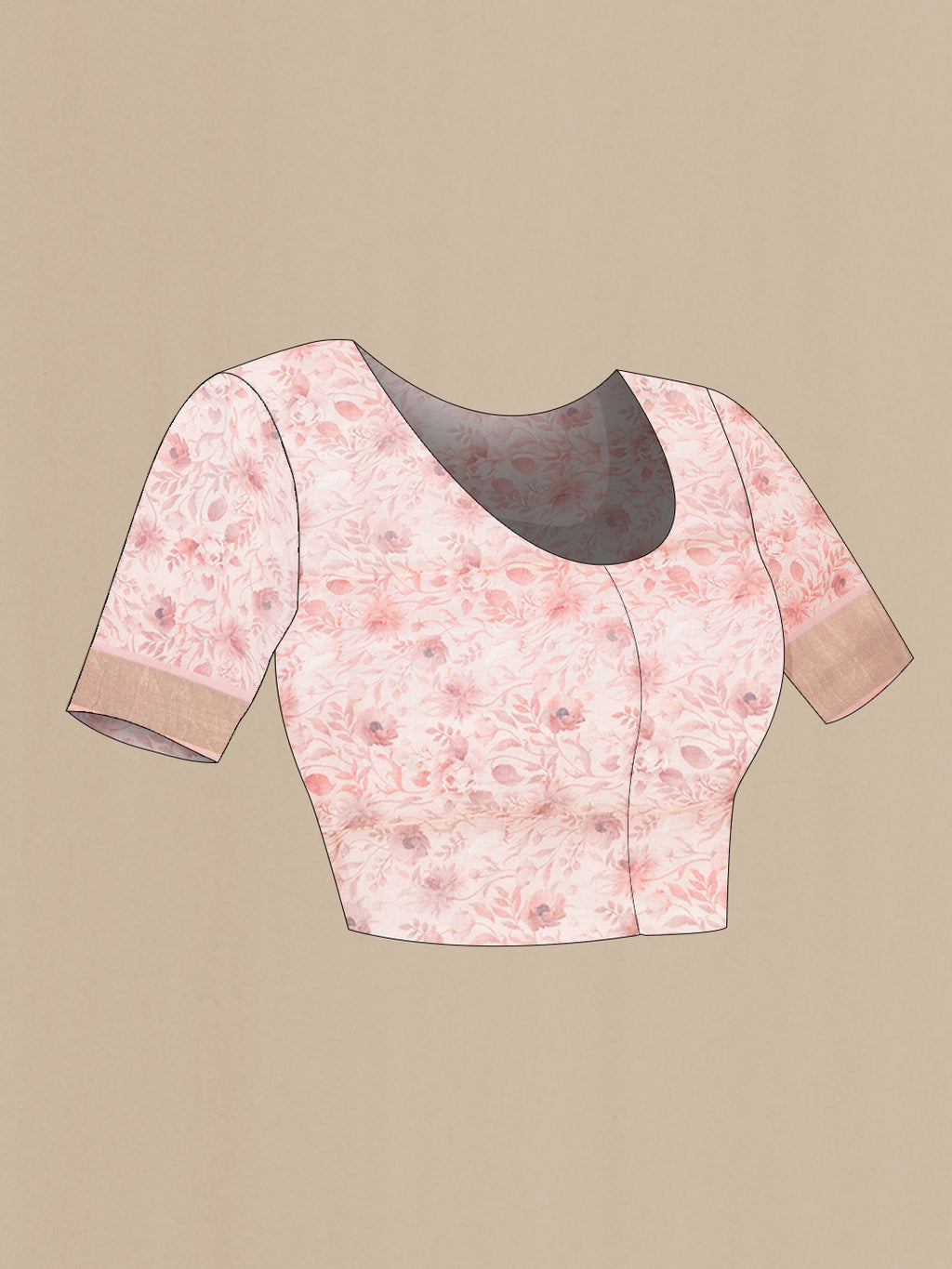 Close up image of the blouse of Rose Gold Kota Silk Saree with Floral Print on the body and Zari Border. 