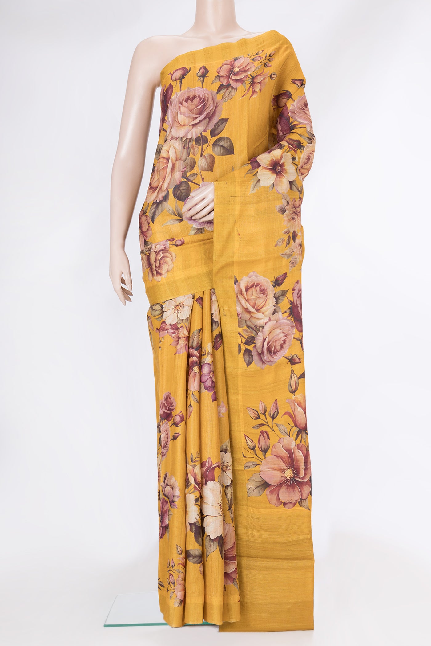 Yellow Dual Tone Tussar Silk Saree with Printed design on the body and Zari Border.  displayed on a mannequin