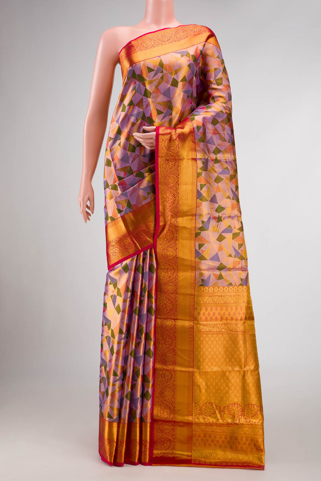 Lavender Dual Tone Kanjivaram Tissue Silk Saree with Zari Brocade on the body and Zari Border.  displayed on a mannequin