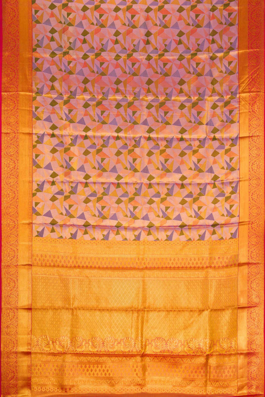 Flat view of Lavender Dual Tone Kanjivaram Tissue Silk Saree with Zari Brocade on the body and Zari Border. 