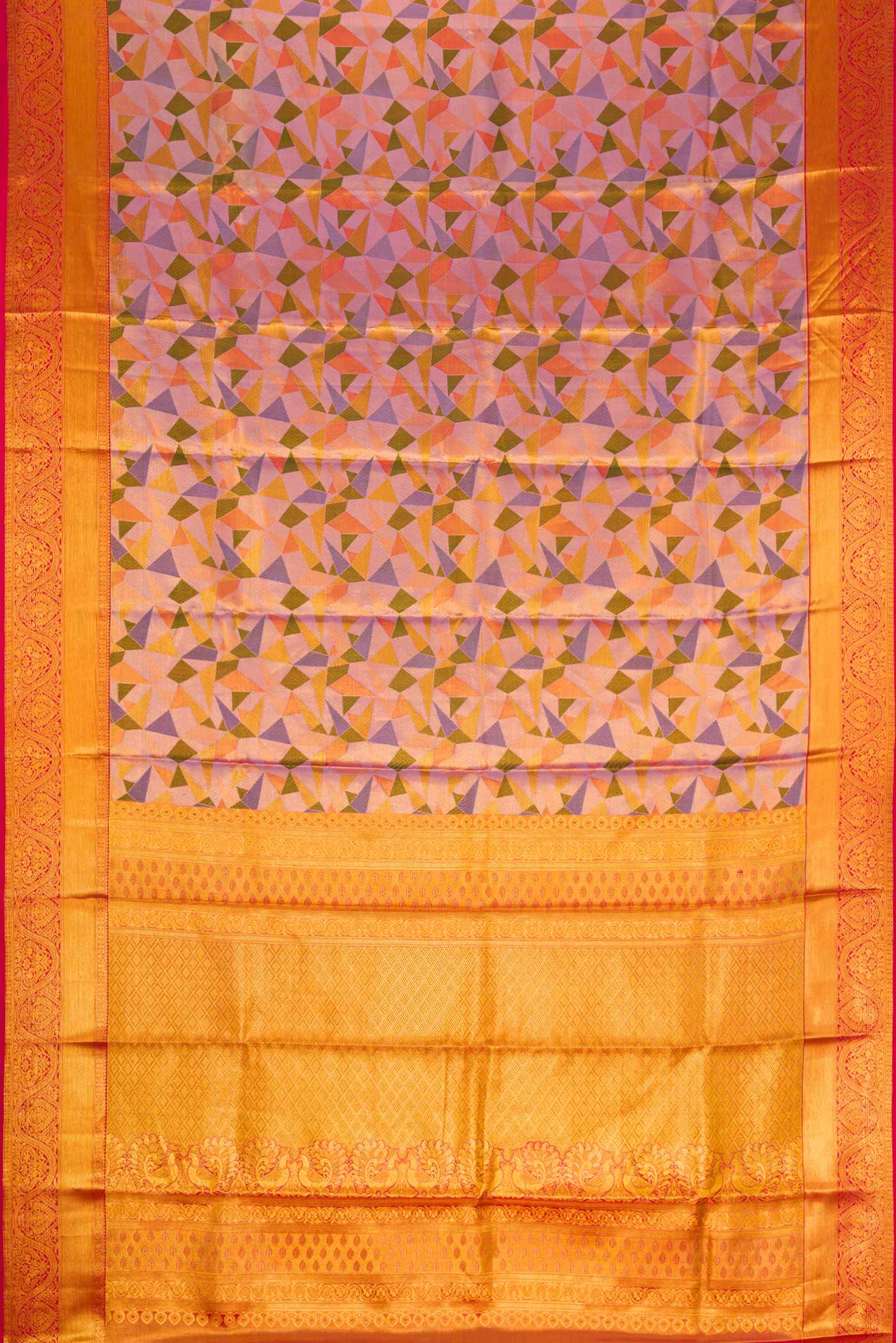 Flat view of Lavender Dual Tone Kanjivaram Tissue Silk Saree with Zari Brocade on the body and Zari Border. 