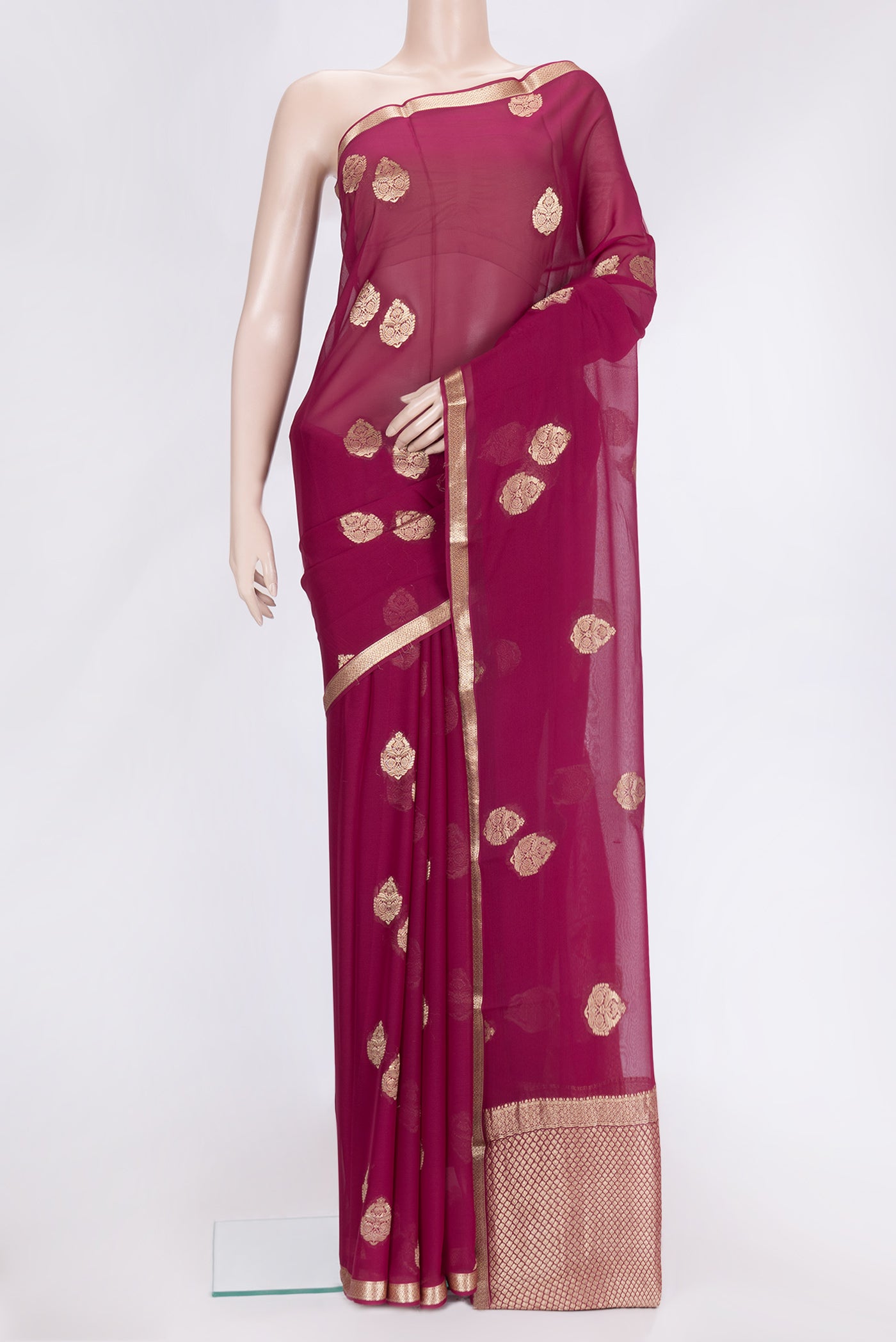 Magenta Dual Tone Mysore Georgette Saree with Zari Butta on the body and Zari Border.  displayed on a mannequin