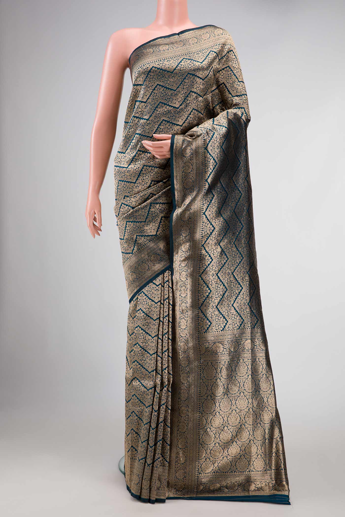 Maya Blue Dual Tone Banarasi Silk Saree with Zari Brocade on the body and Zari Border displayed on a mannequin