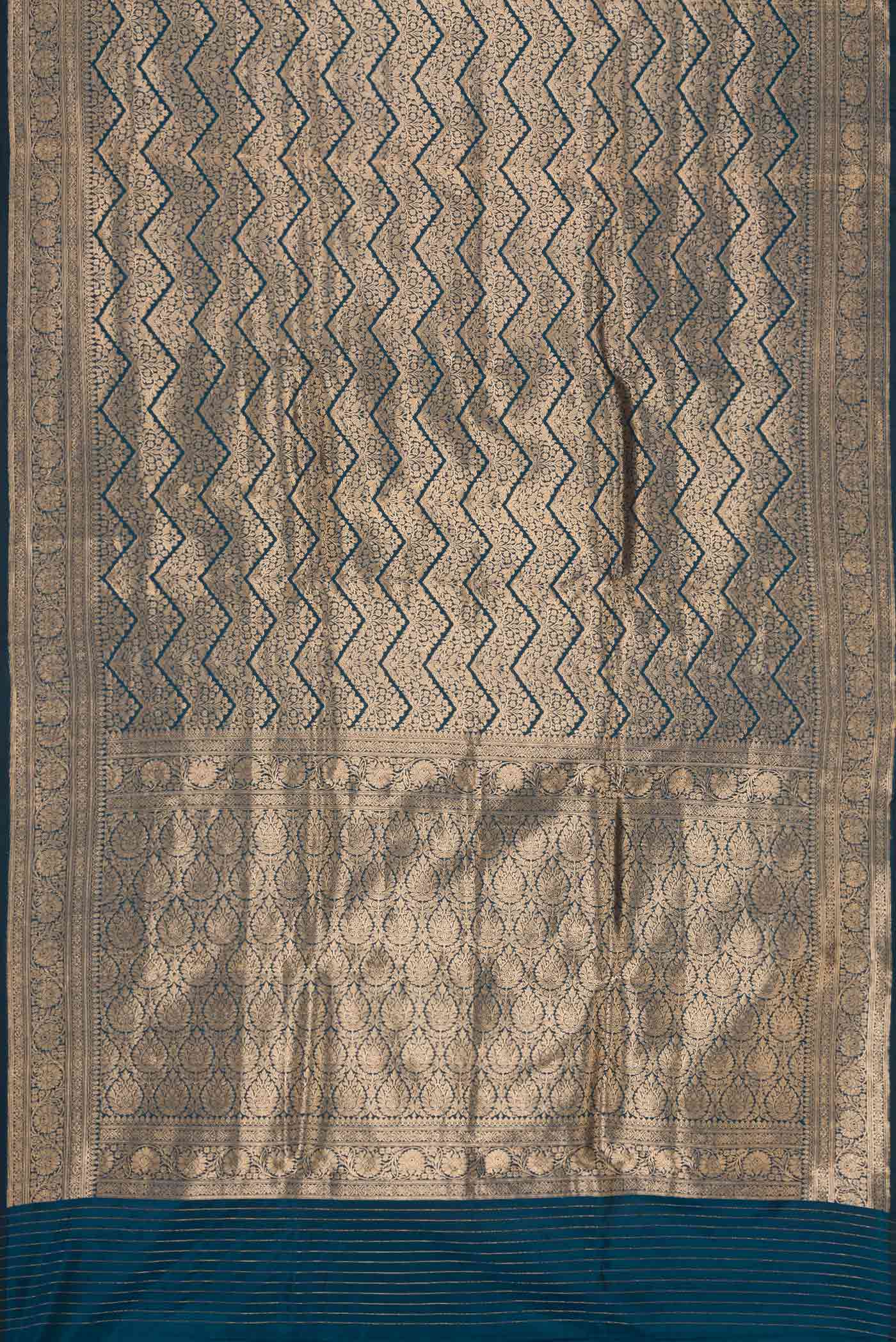 Flat view of Maya Blue Dual Tone Banarasi Silk Saree with Zari Brocade on the body and Zari Border