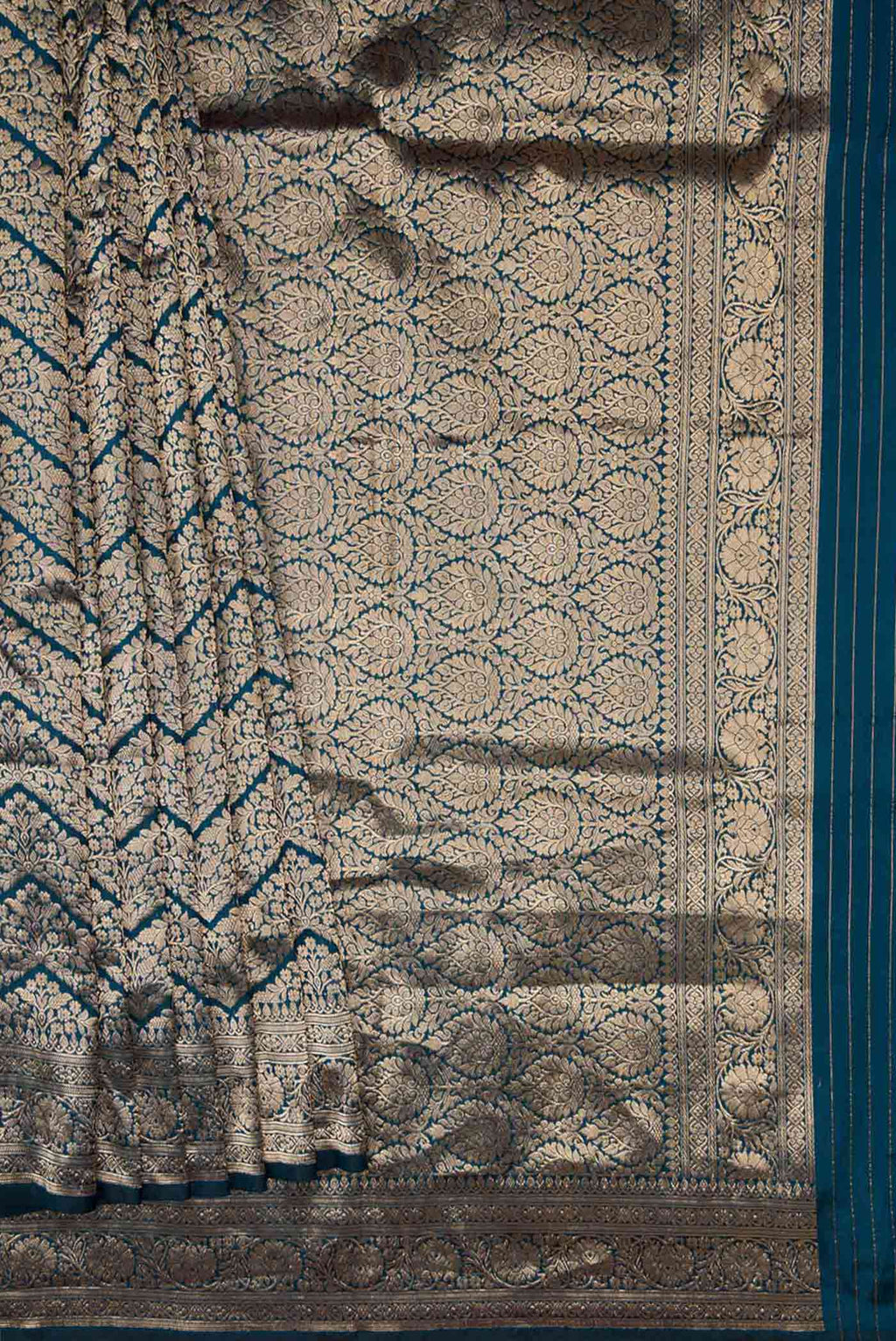 Pleats and pallu of Maya Blue Dual Tone Banarasi Silk Saree with Zari Brocade on the body and Zari Border