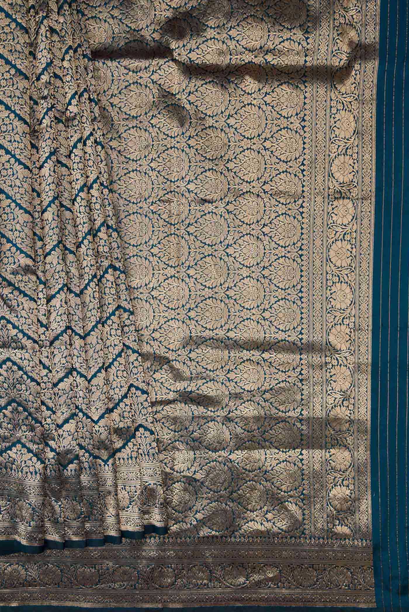 Pleats and pallu of Maya Blue Dual Tone Banarasi Silk Saree with Zari Brocade on the body and Zari Border