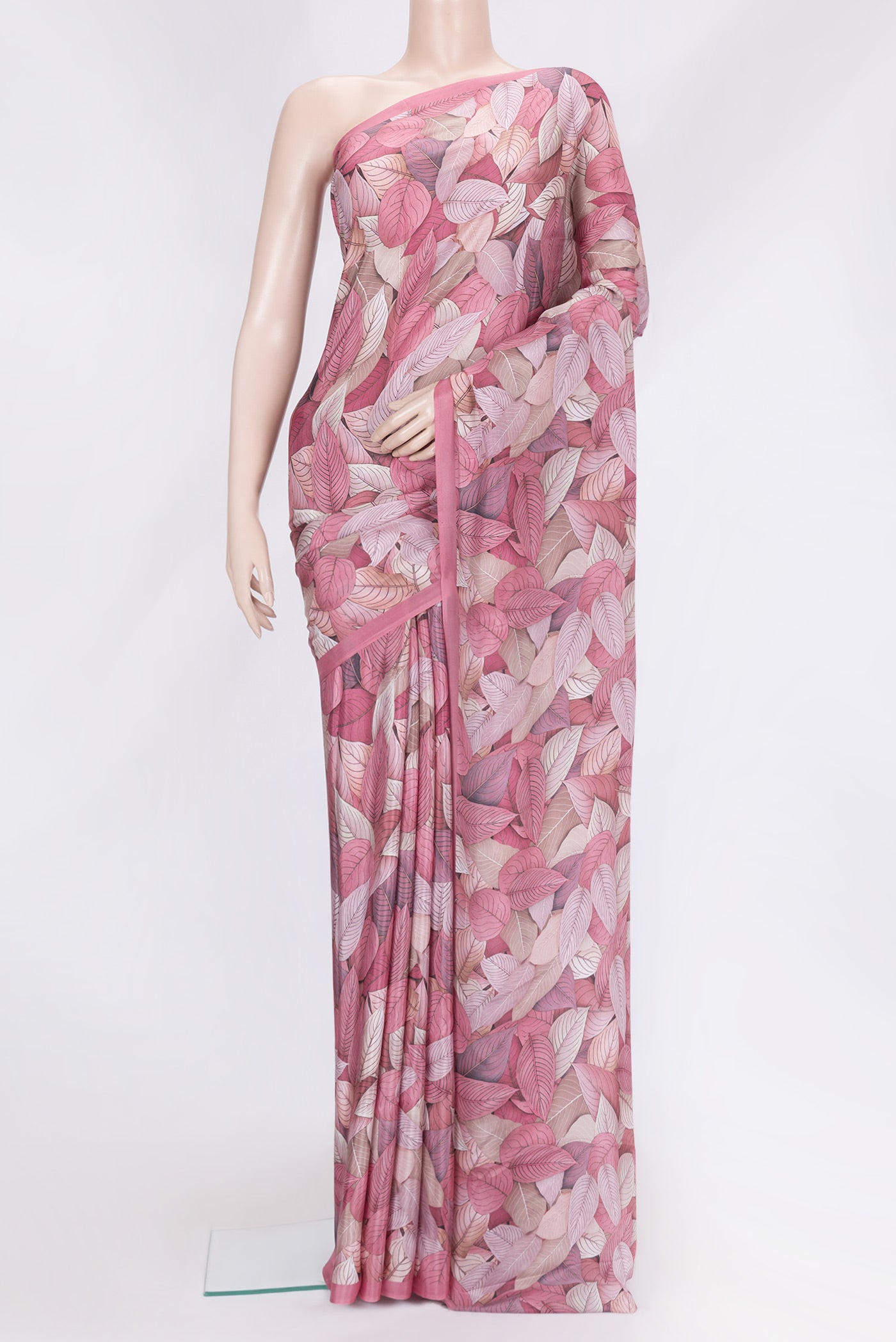 Pink Dual Tone Printed Silk Saree with Printed design on the body and Plain Border.  displayed on a mannequin