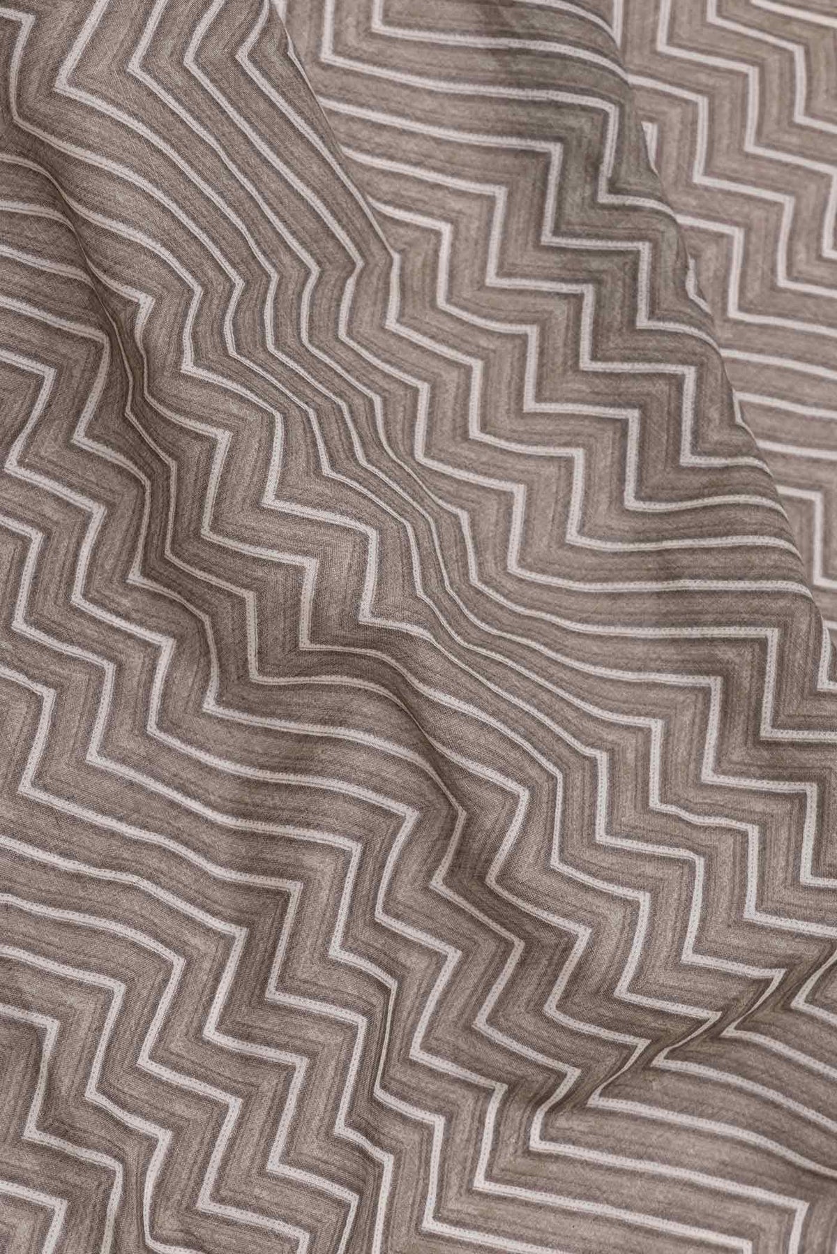 Close up of Grey Dual Tone Blended Tussar Silk Saree with Printed design on the body and Thread Border displaying folds