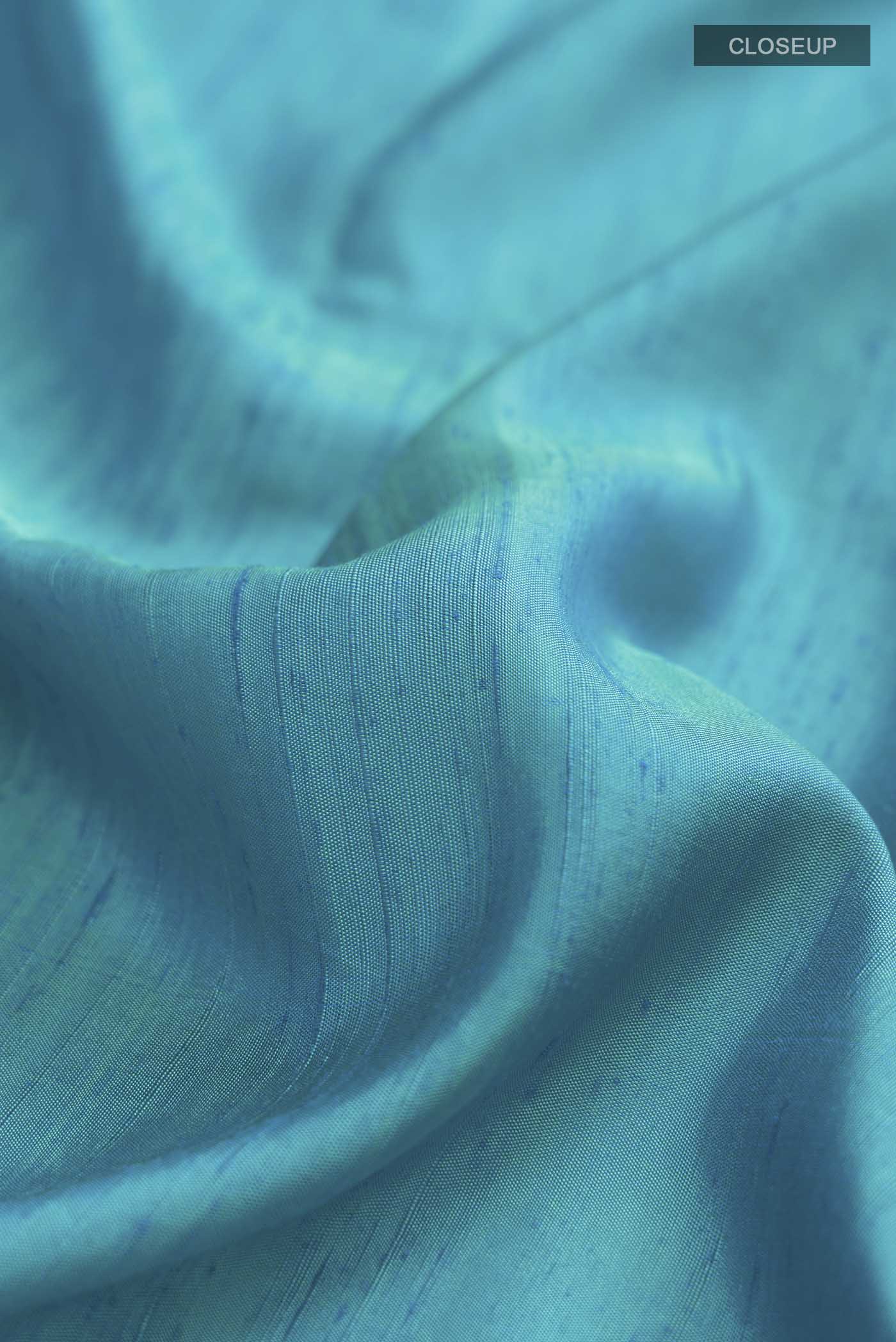 Close up of Blue Soft Silk Saree with Plain Body and Printed Border displaying folds