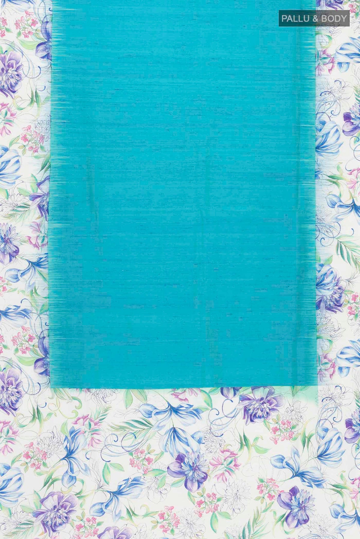 Flat view of Blue Soft Silk Saree with Plain Body and Printed Border