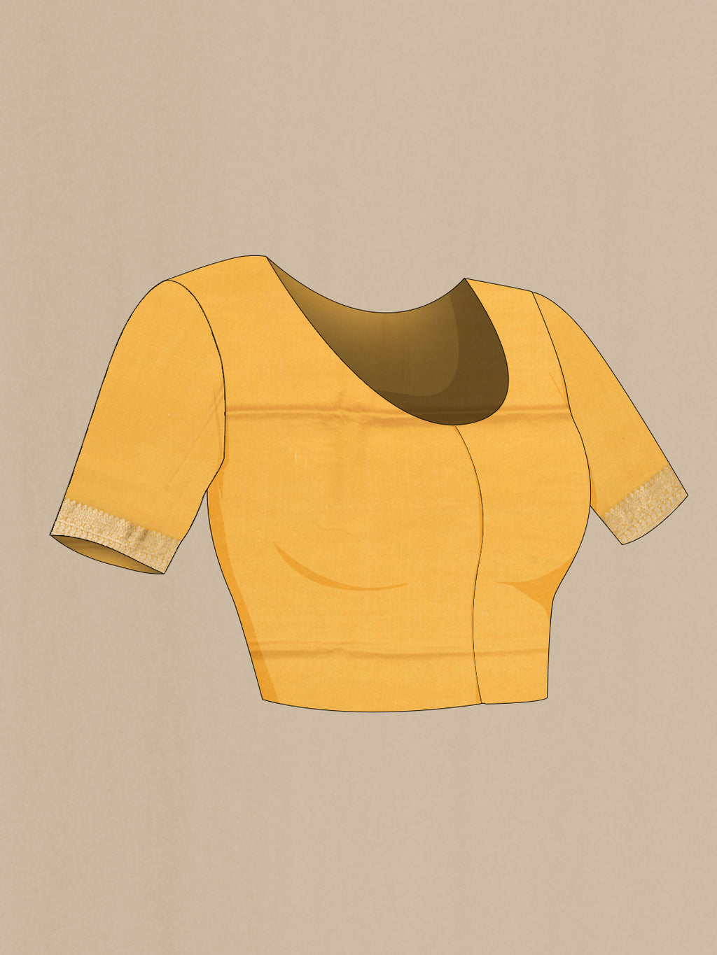 Close up image of the blouse of Mustard Mysore Chiffon Saree with Printed design on the body and Zari Border. 