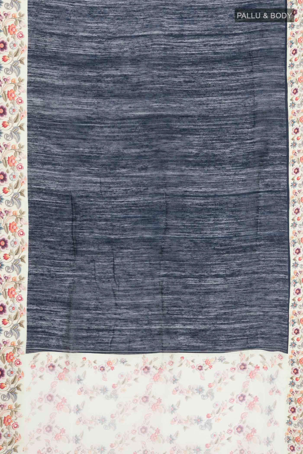 Flat view of Blue Tussar Silk Saree with Plain Body and Printed Border