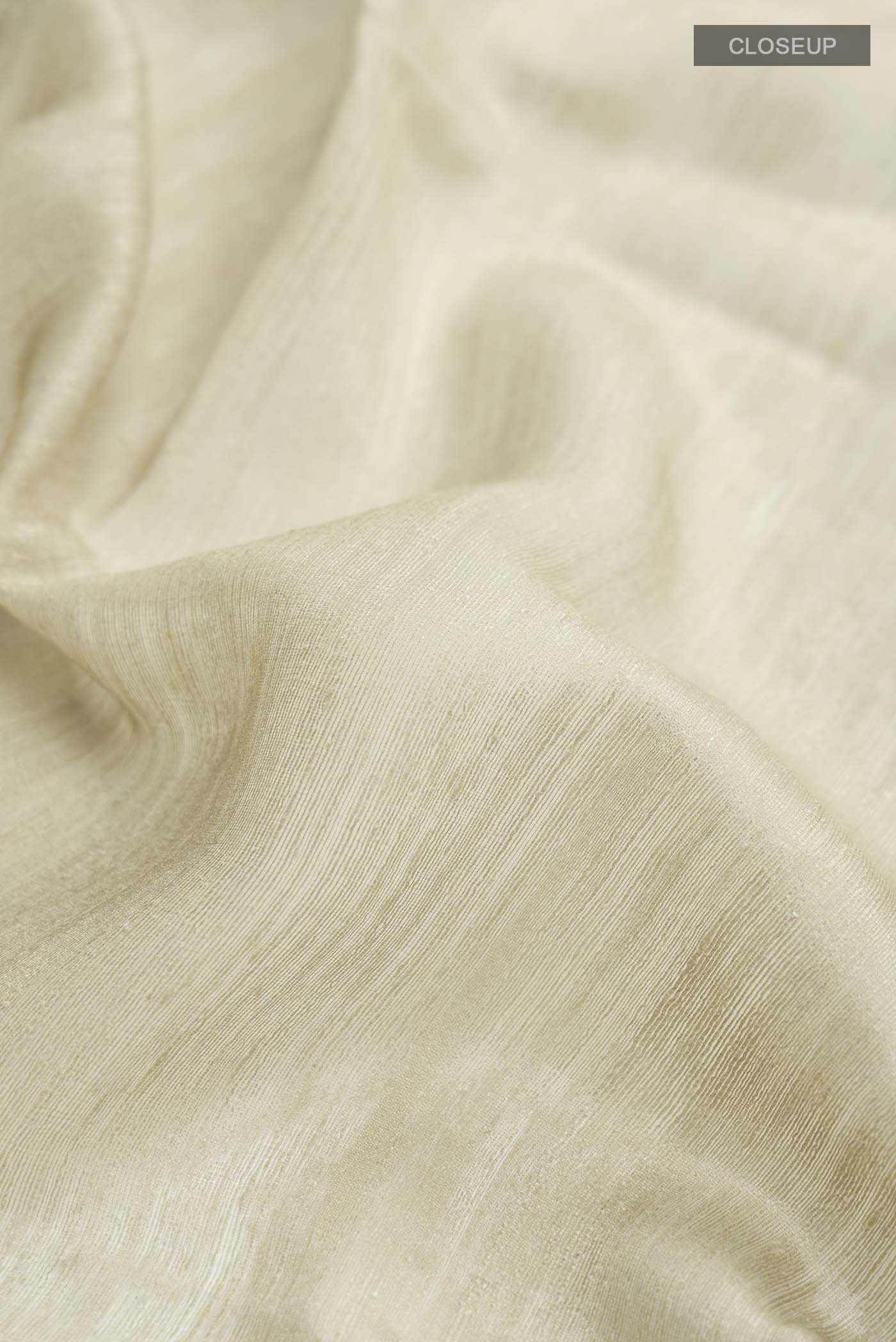 Close up of Beige Tussar Silk Saree with Plain Body and Printed Border displaying folds