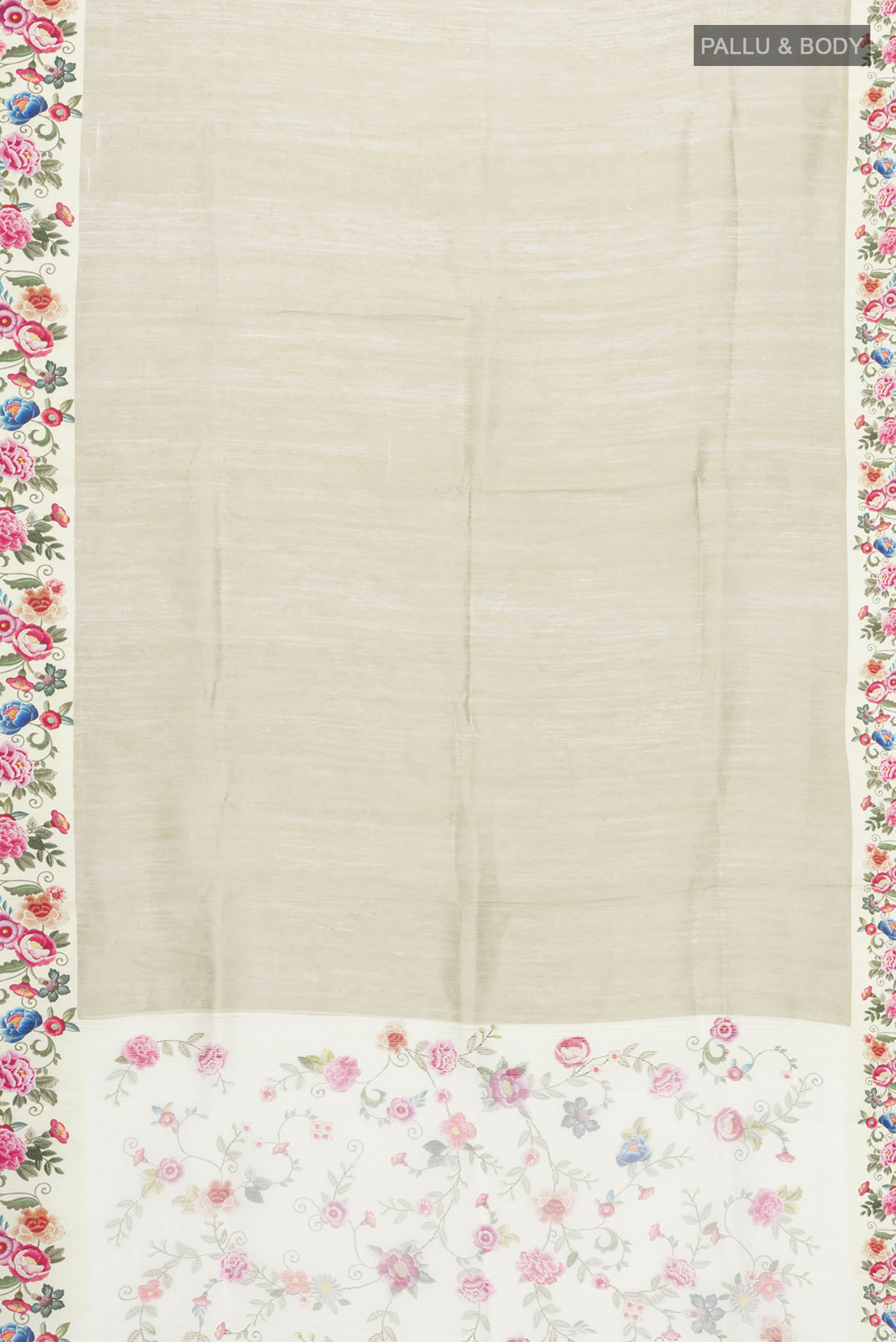 Flat view of Beige Tussar Silk Saree with Plain Body and Printed Border