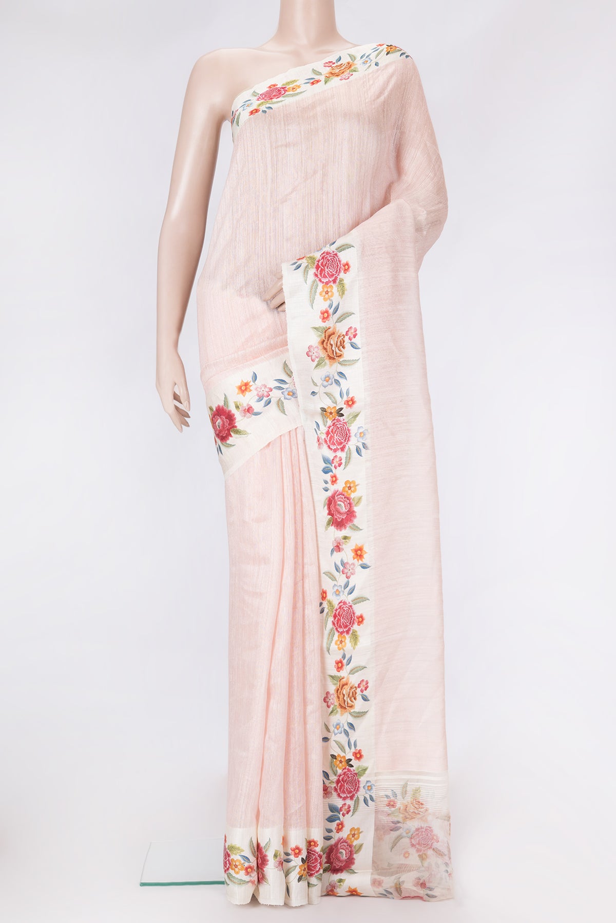 Rose Gold Dual Tone Tussar Silk Saree with Plain Body and Printed Border.  displayed on a mannequin