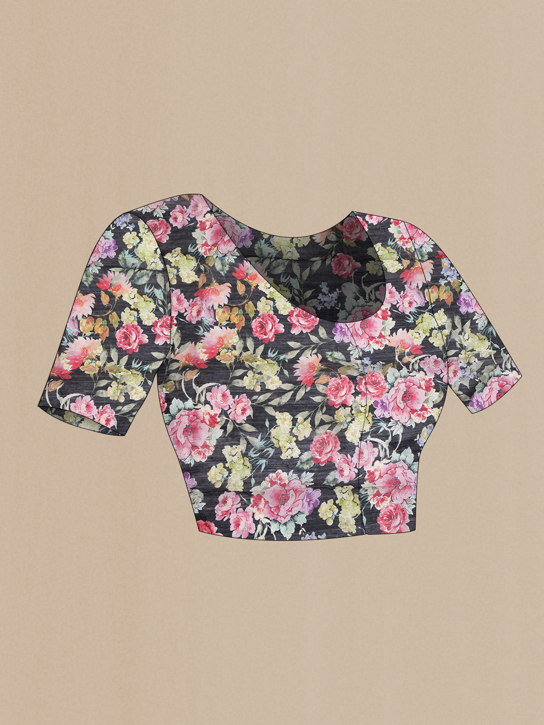 Close up image of the blouse of Black Dual Tone Tussar Silk SareePrinted design on the body and Plain Border