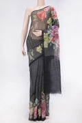 Black Dual Tone Tussar Silk SareePrinted design on the body and Plain Border displayed on a mannequin