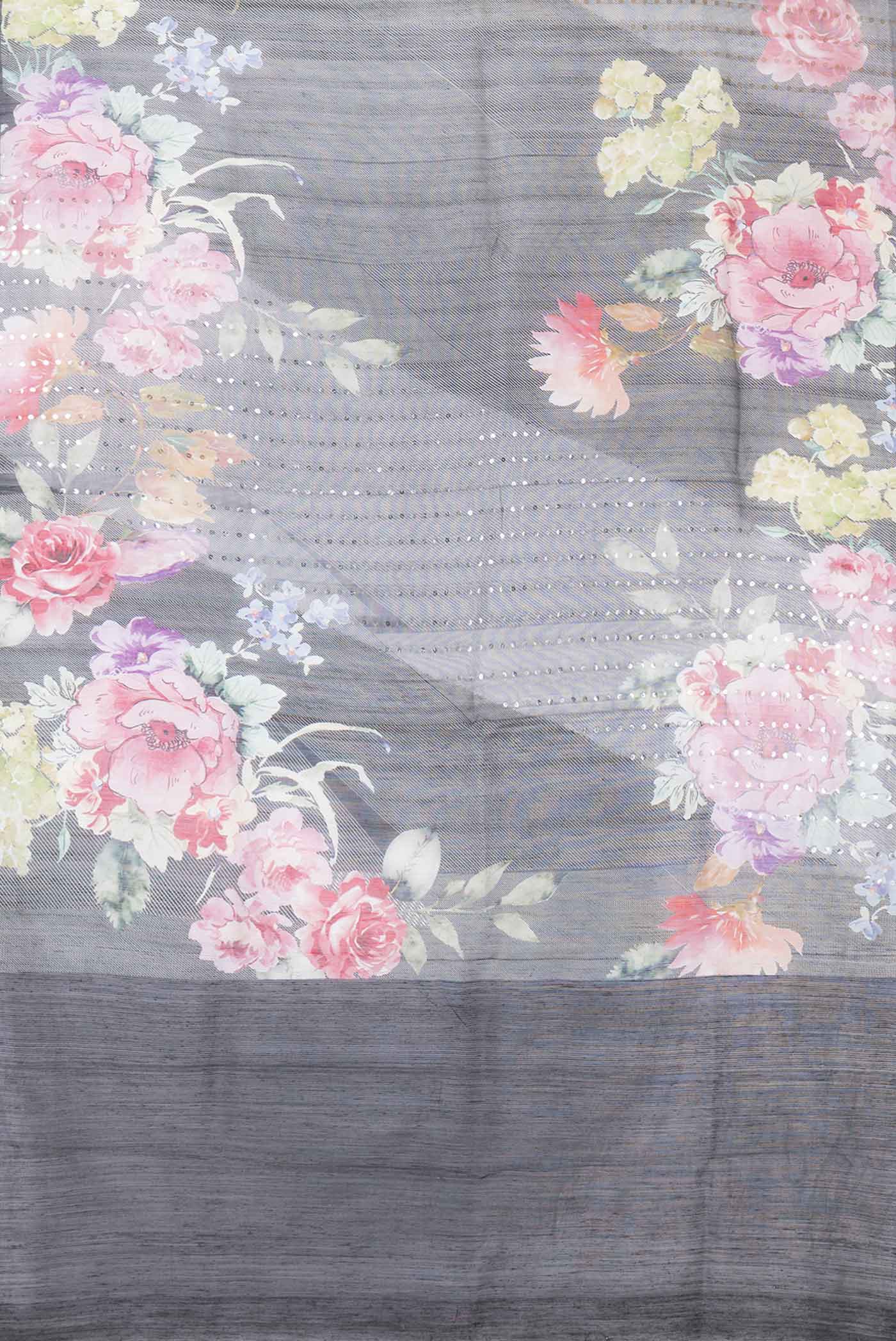 Flat view of Black Dual Tone Tussar Silk SareePrinted design on the body and Plain Border