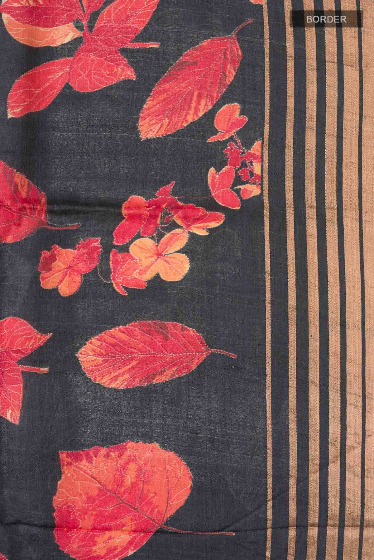 Border image of Black Bhagalpuri Tussar Silk Saree with Floral Print on the body and Zari Border