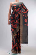 Black Bhagalpuri Tussar Silk Saree with Floral Print on the body and Zari Border displayed on a mannequin
