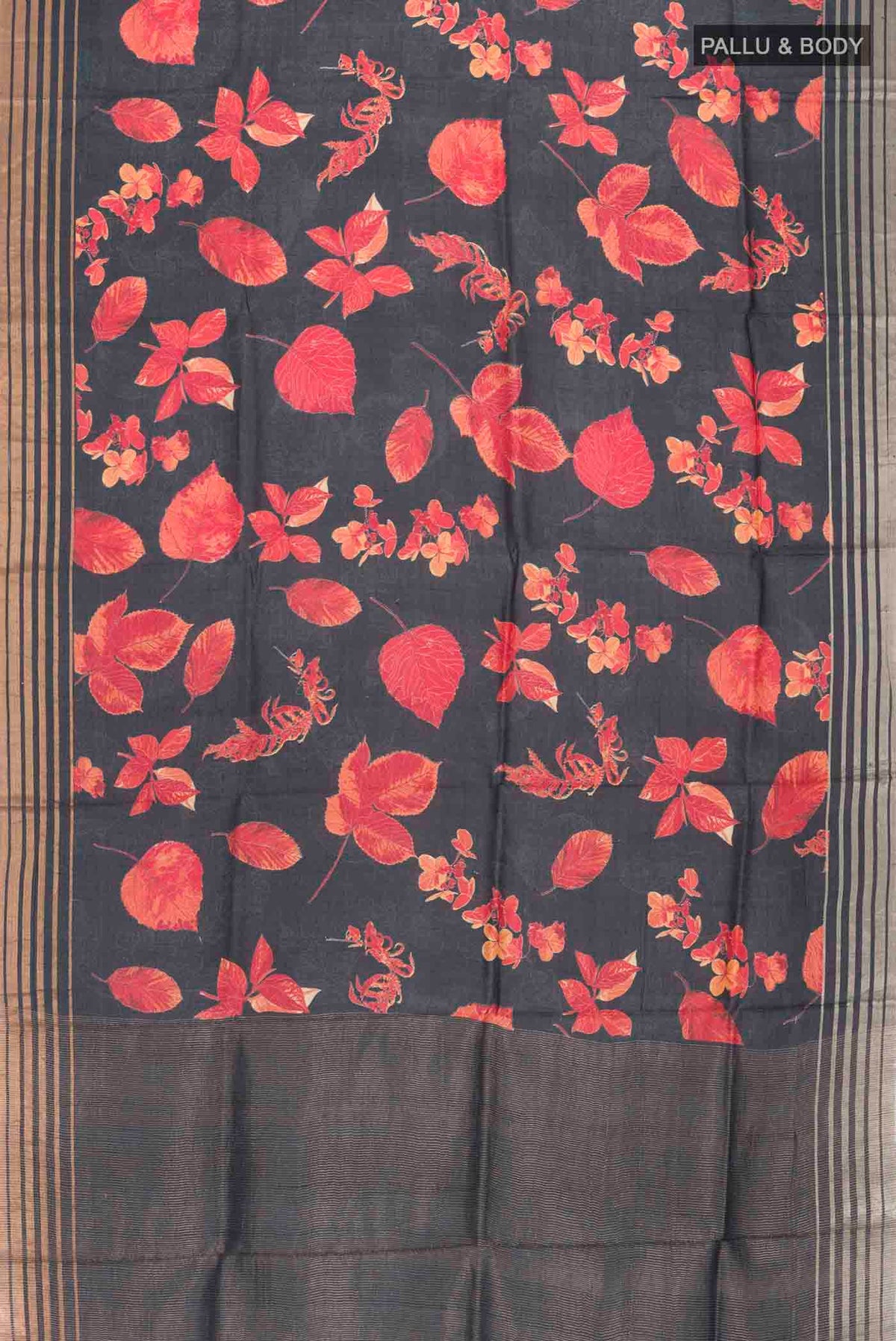 Flat view of Black Bhagalpuri Tussar Silk Saree with Floral Print on the body and Zari Border