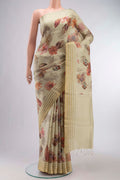 Beige Bhagalpuri Tussar Silk Saree with Floral Print on the body and Zari Border displayed on a mannequin