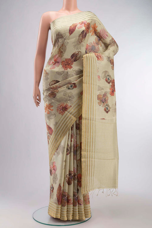 Beige Bhagalpuri Tussar Silk Saree with Floral Print on the body and Zari Border displayed on a mannequin