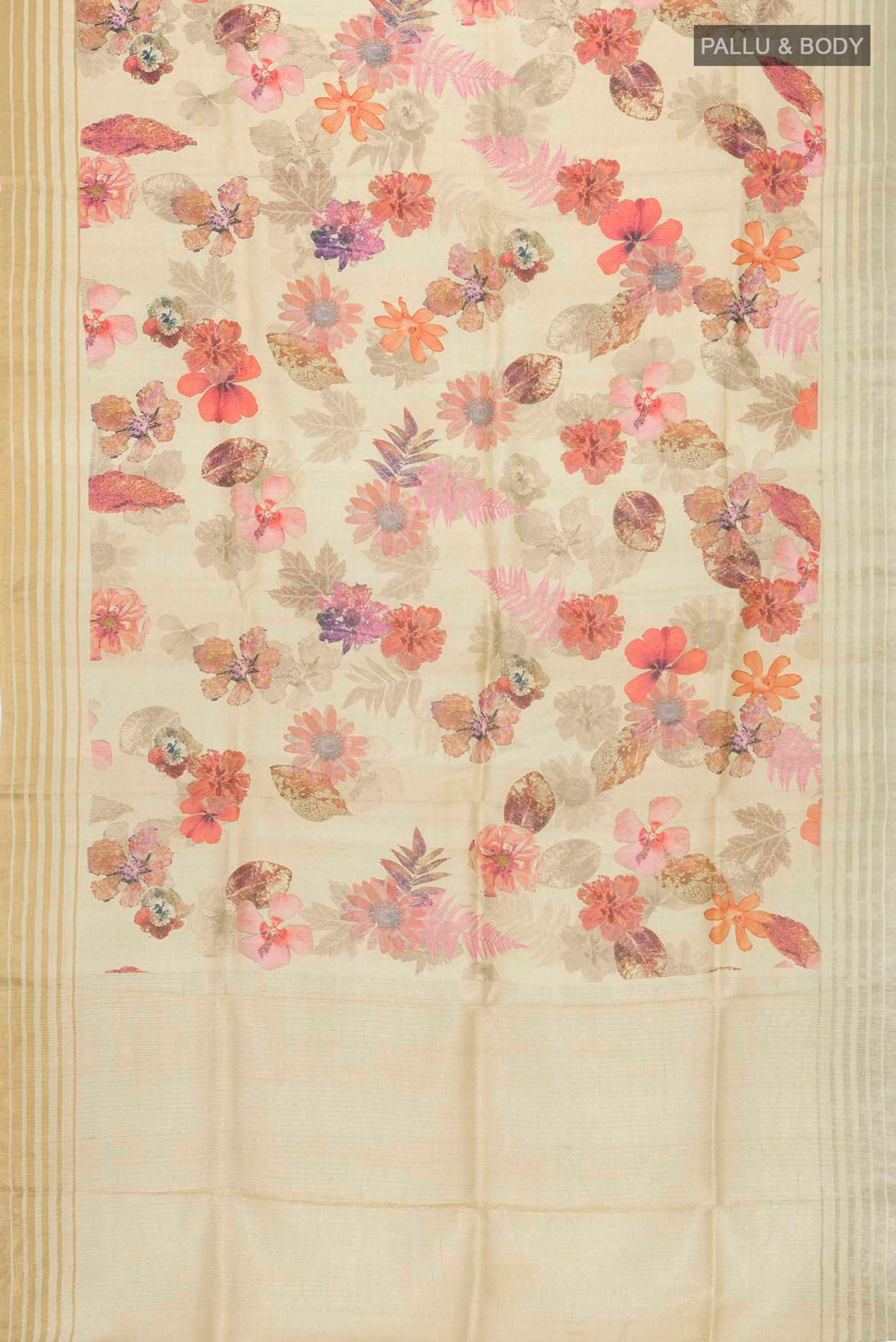 Flat view of Beige Bhagalpuri Tussar Silk Saree with Floral Print on the body and Zari Border