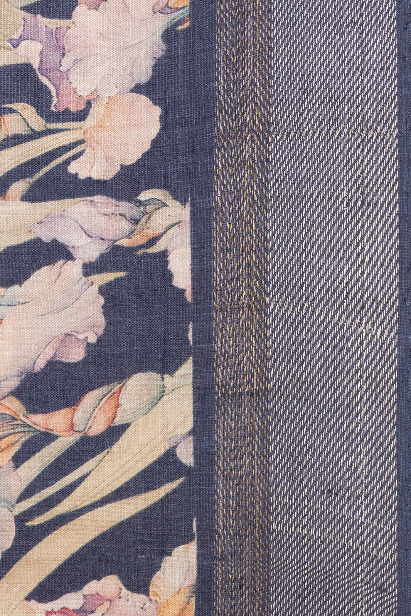 Border image of Navy Blue Dual Tone Tussar Silk Saree with Printed design on the body and Zari Border. 
