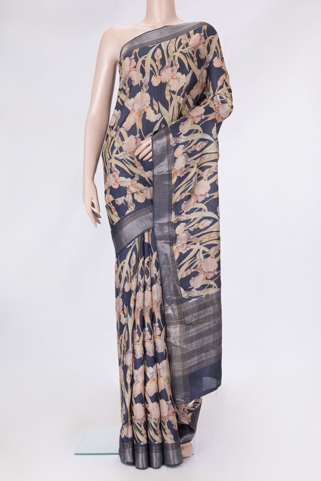 Navy Blue Dual Tone Tussar Silk Saree with Printed design on the body and Zari Border.  displayed on a mannequin