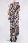 Navy Blue Dual Tone Tussar Silk Saree with Printed design on the body and Zari Border.  displayed on a mannequin