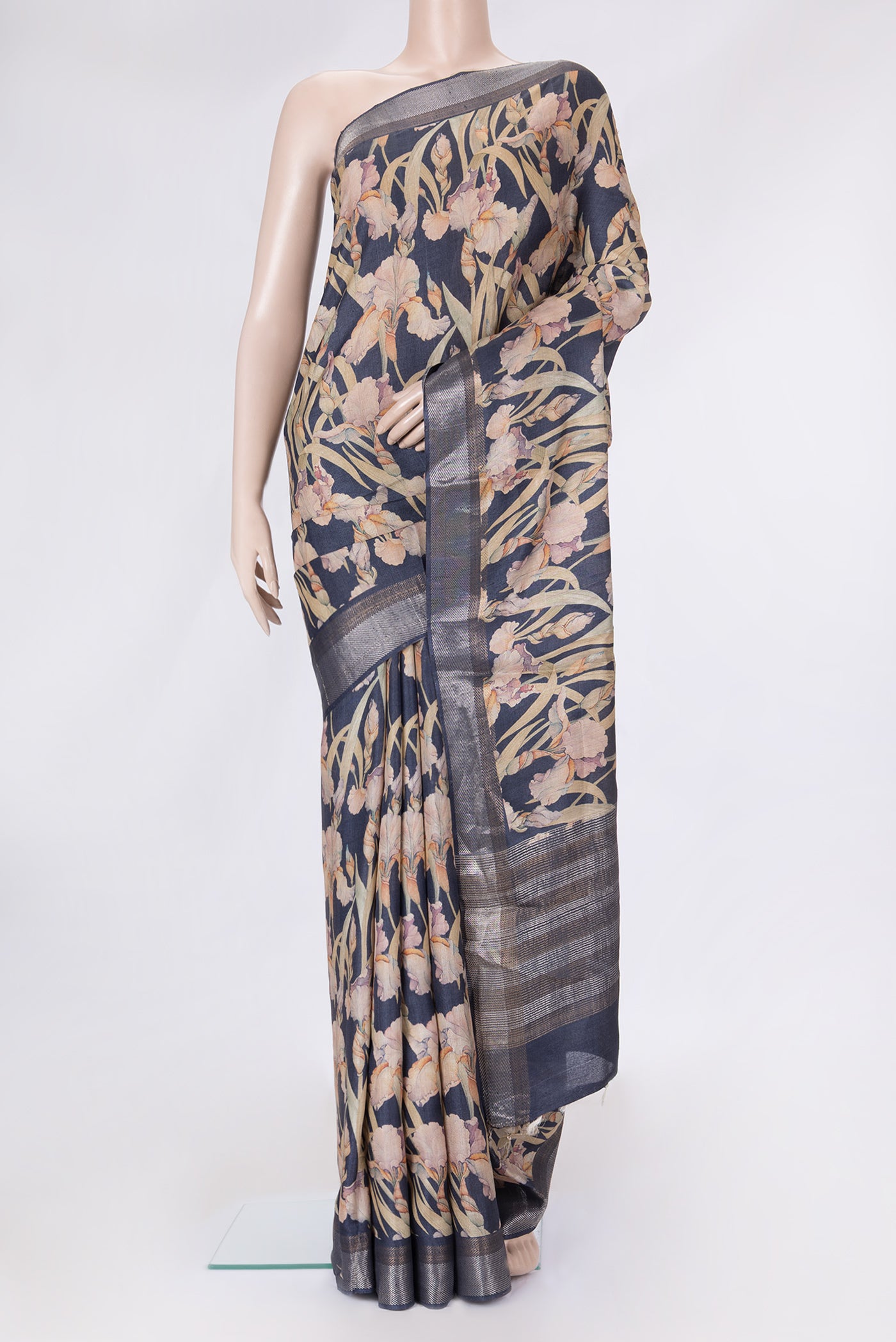 Navy Blue Dual Tone Tussar Silk Saree with Printed design on the body and Zari Border.  displayed on a mannequin