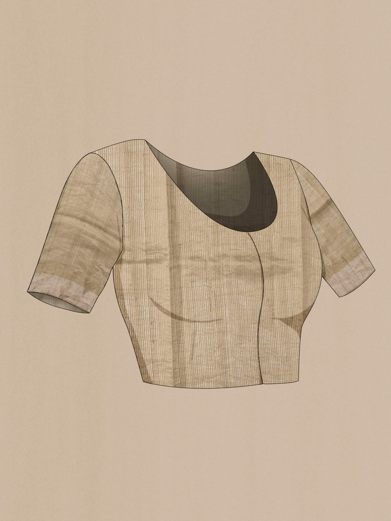Close up image of the blouse of Beige Tussar Silk Saree with Printed design on the body and Zari Border
