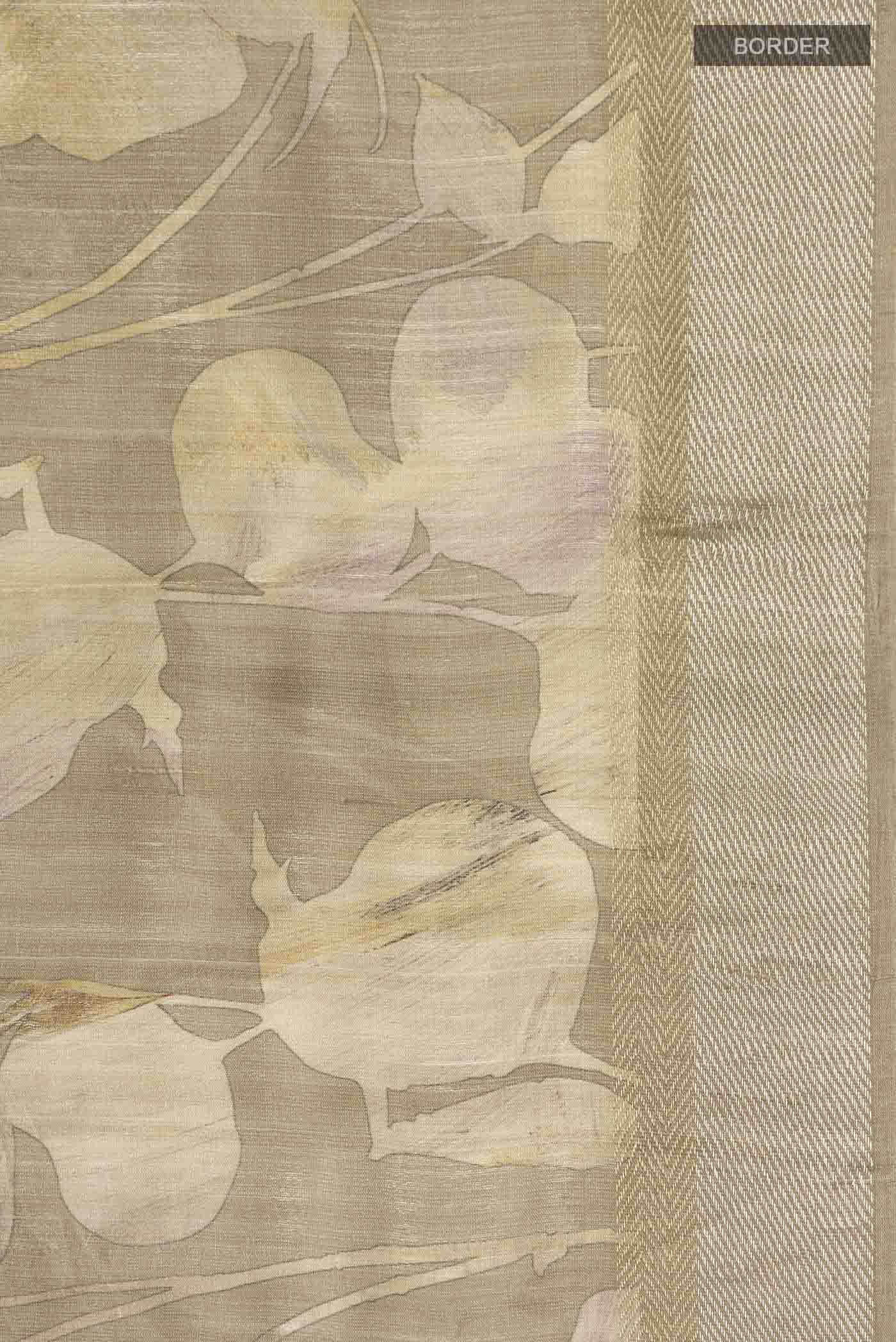 Border image of Beige Tussar Silk Saree with Printed design on the body and Zari Border