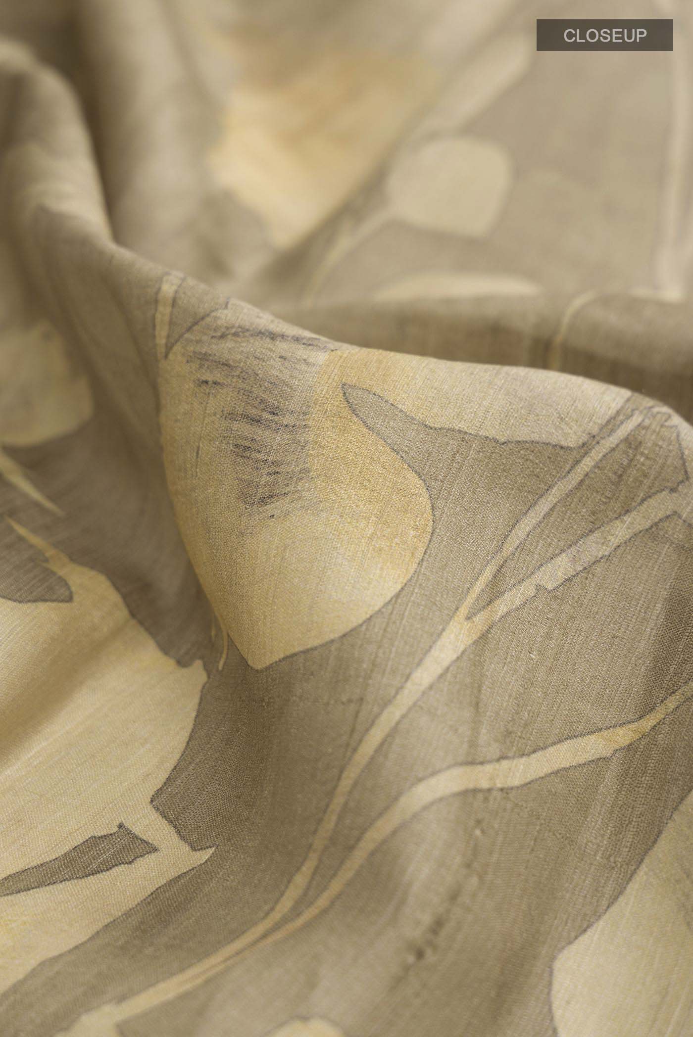 Close up of Beige Tussar Silk Saree with Printed design on the body and Zari Border displaying folds