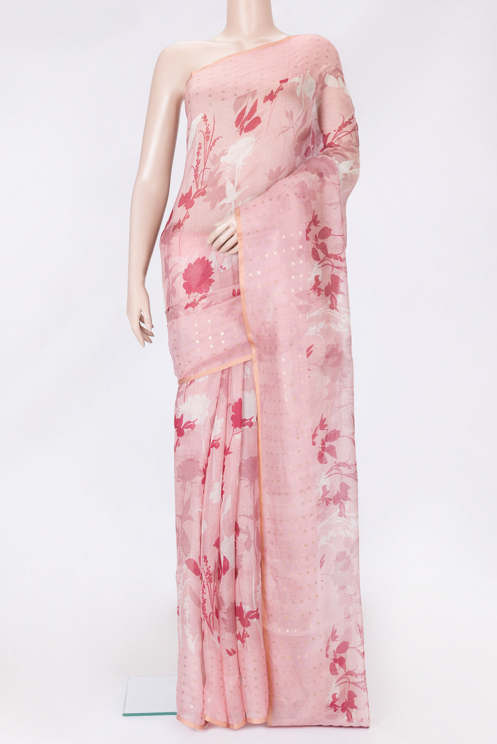 Pink Dual Tone Tussar Silk Saree with Printed design on the body and Embroidery Border.  displayed on a mannequin
