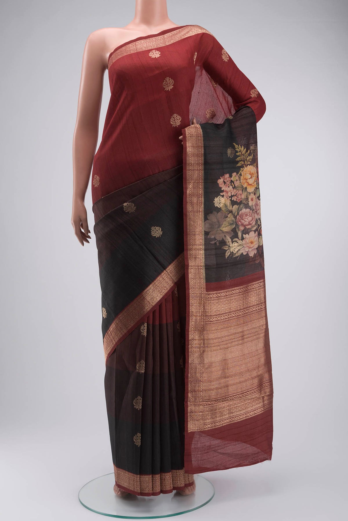 Multi Color Banarasi Tussar Silk Saree with Zari Butta on the body and Zari Border displayed on a mannequin
