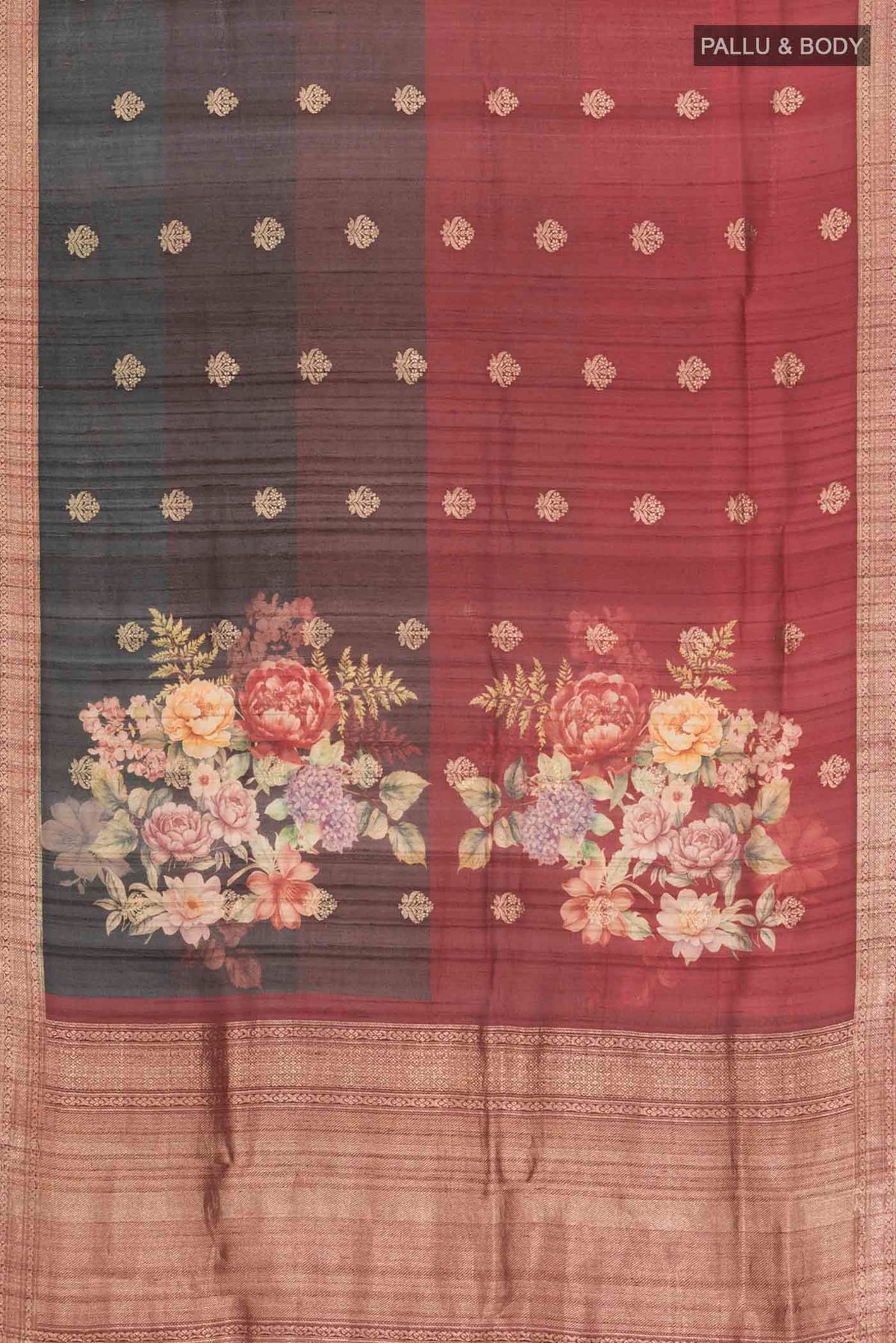 Flat view of Multi Color Banarasi Tussar Silk Saree with Zari Butta on the body and Zari Border