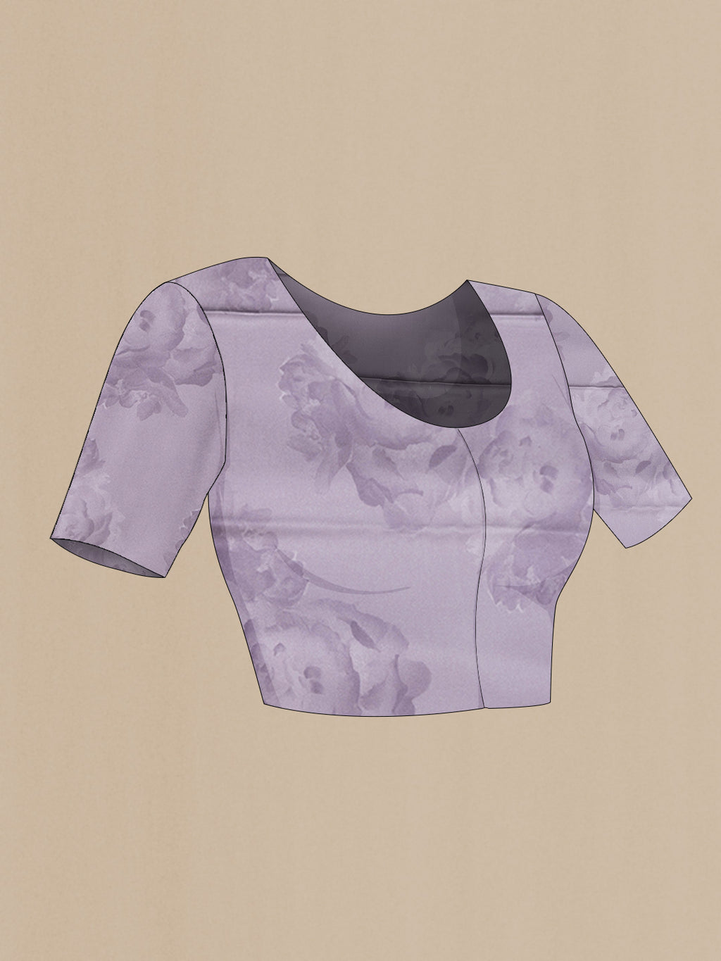 Close up image of the blouse of Brown Dual Tone Mysore Crepe Saree with Printed design on the body and Without Border