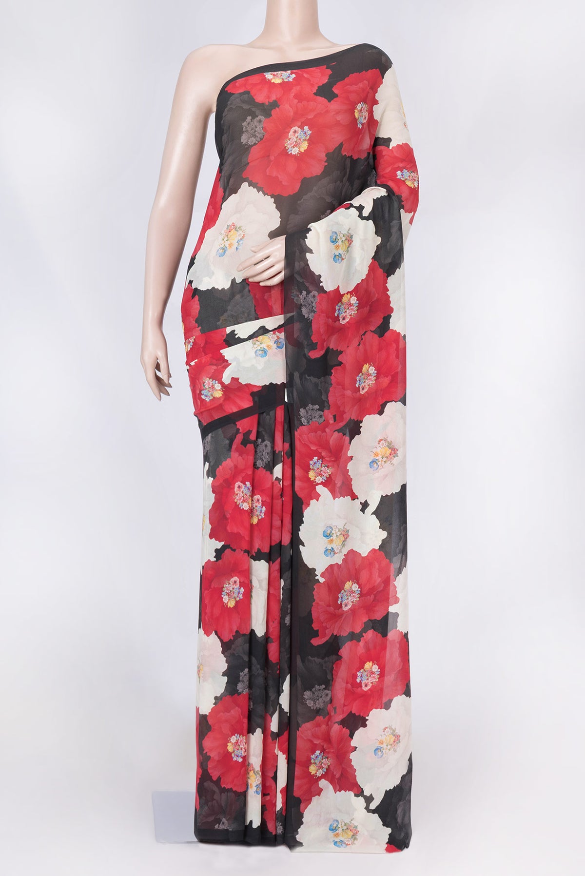 Black Dual Tone Mysore Georgette Saree with Printed design on the body and Plain Border displayed on a mannequin