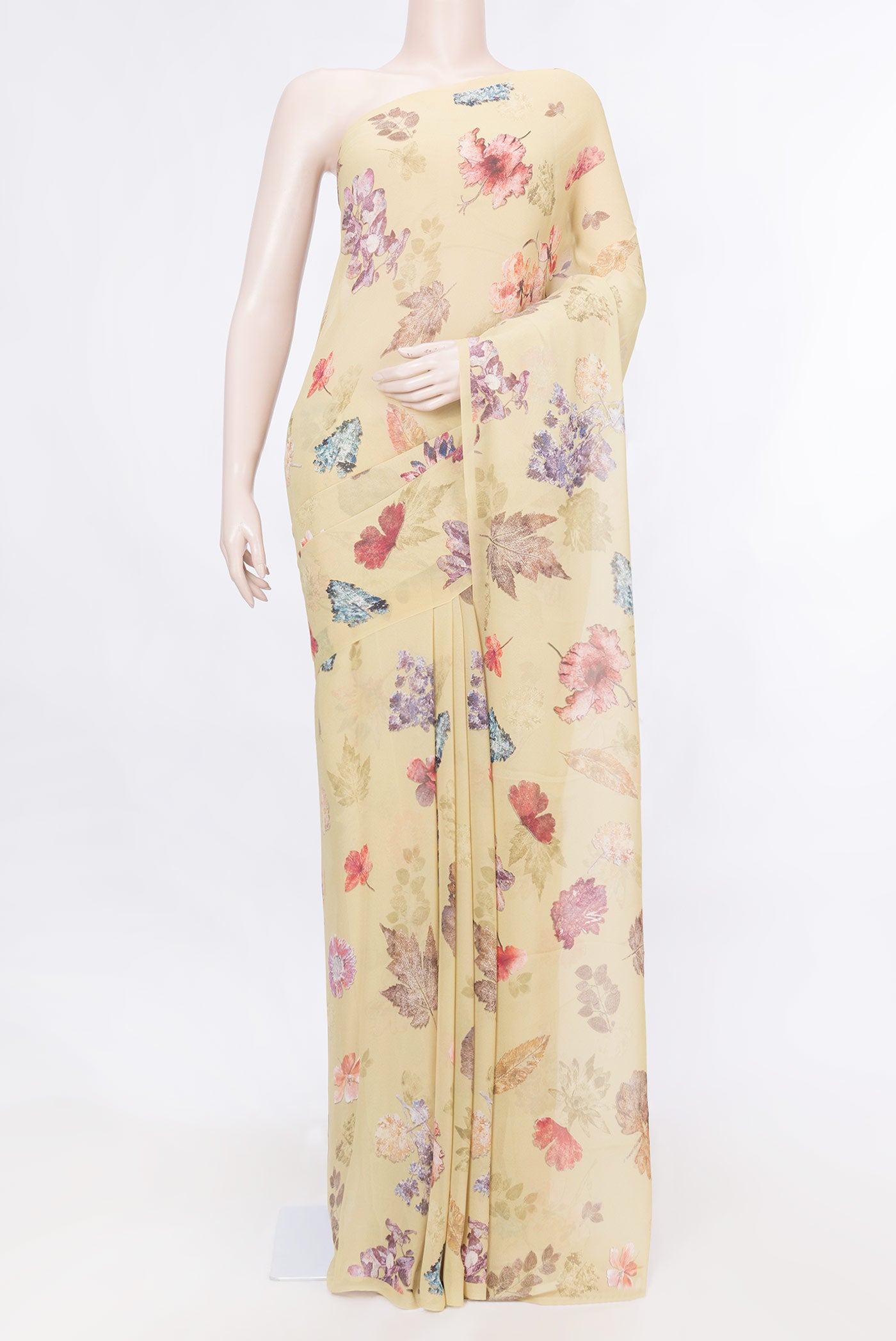 Caramel Mysore Georgette Saree With Printed design on the body and Without Border displayed on a mannequin